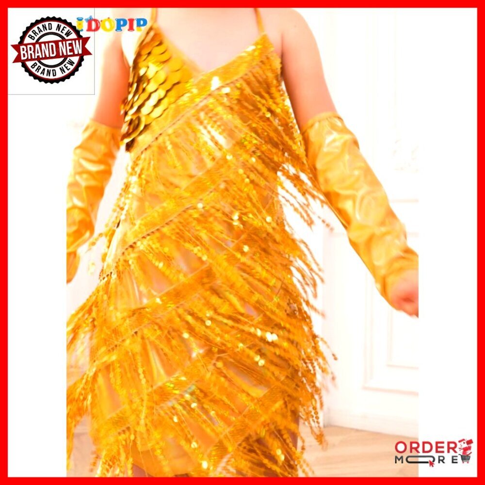 Girls 1920s Flapper Dress with Gloves Sequins Fringe Dance Costume - Picture 7 of 7